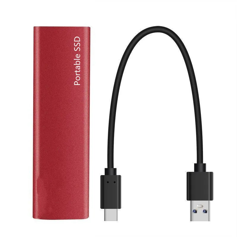 Ultra-thin metal external SSD portable hard drive in red, showing high-capacity storage for data transfer.