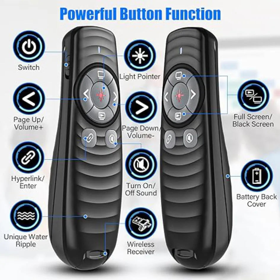 Dual receiving laser pointer remote control in black or white with red light and page turning functions