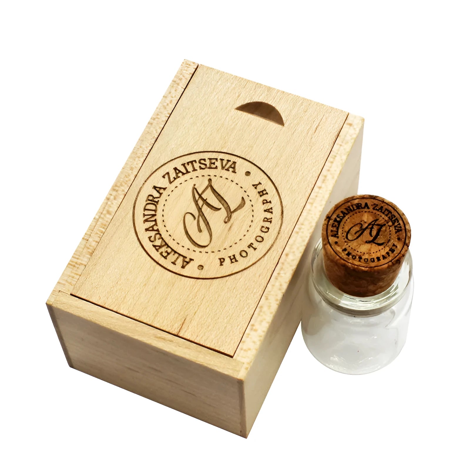 Personalised wood lettering USB storage disk with drift bottle design in chocolate brown colour