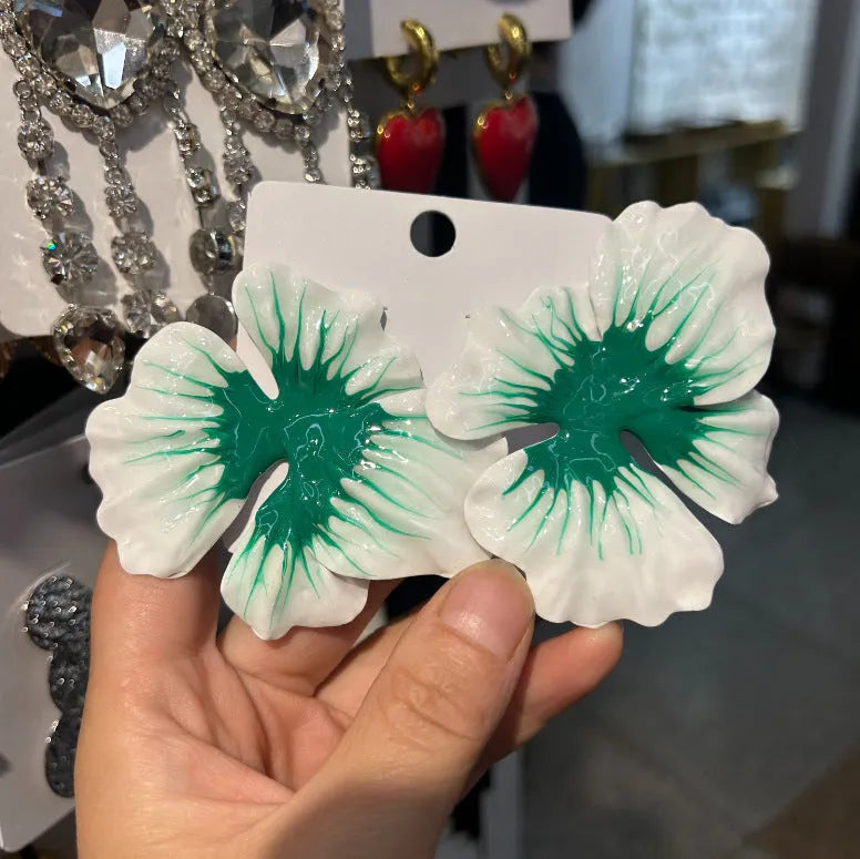Pastoral style alloy flower stud earrings with oil-spot glaze finish in floral patterns