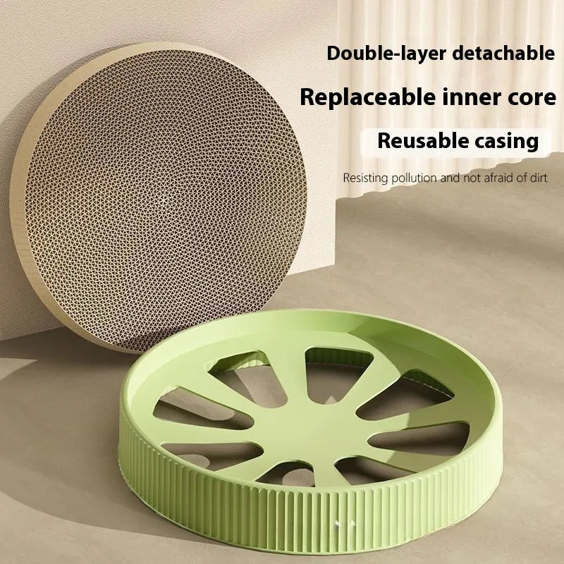 Round green cat scratching board and nest with replaceable corrugated cardboard surface, 55 cm diameter.