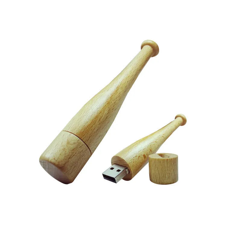 Baseball bat shaped wooden USB flash drive with USB 2.0 support and no external power