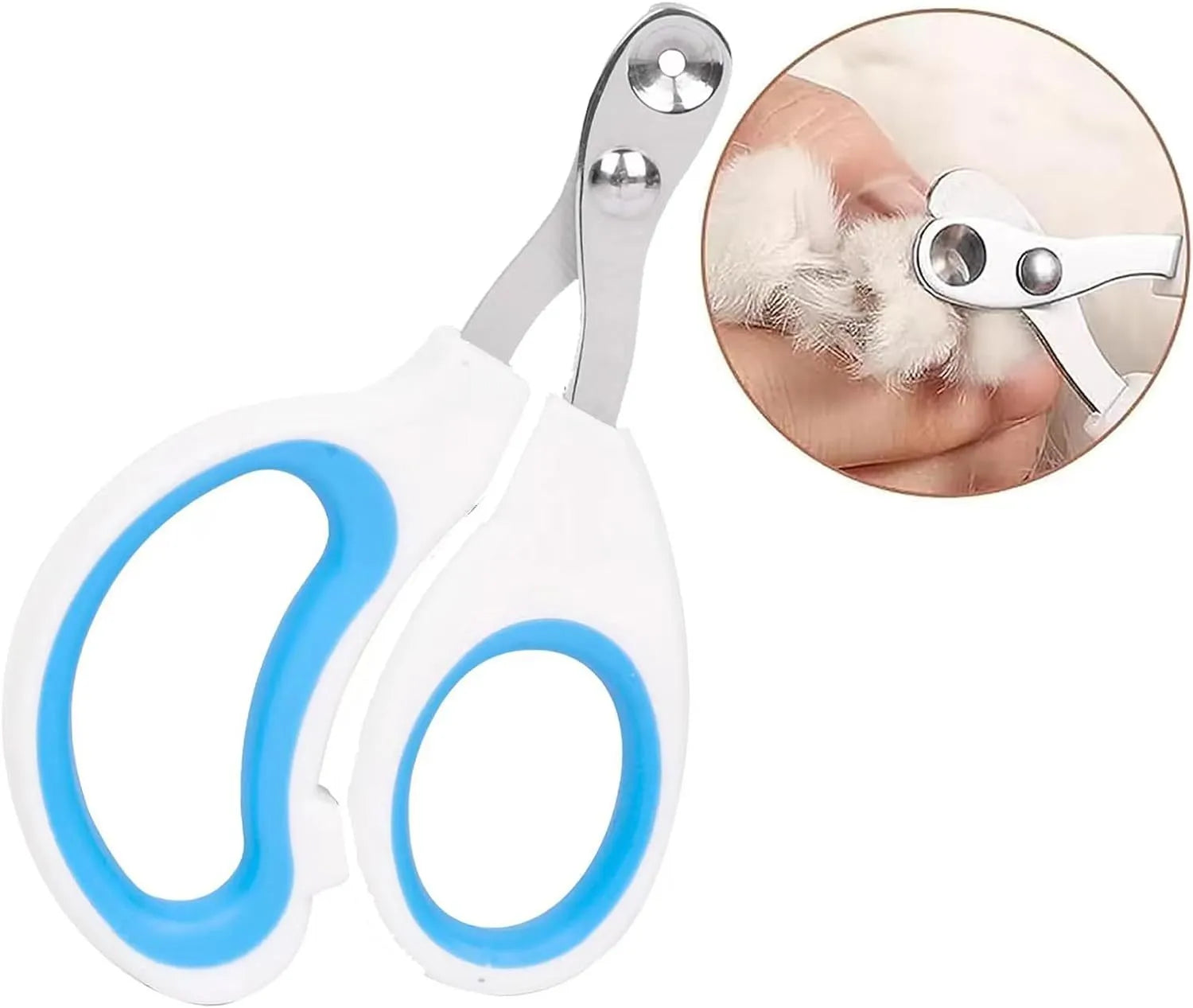 Blue pet nail clippers with circular cutting hole and cushioned non-slip handle for cats and small animals.