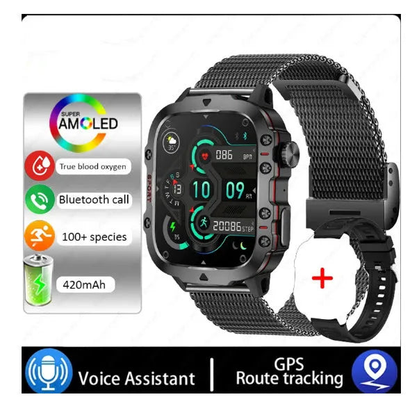 QX11 smart watch with TFT screen on wrist, showing black and khaki colour options with different strap styles.
