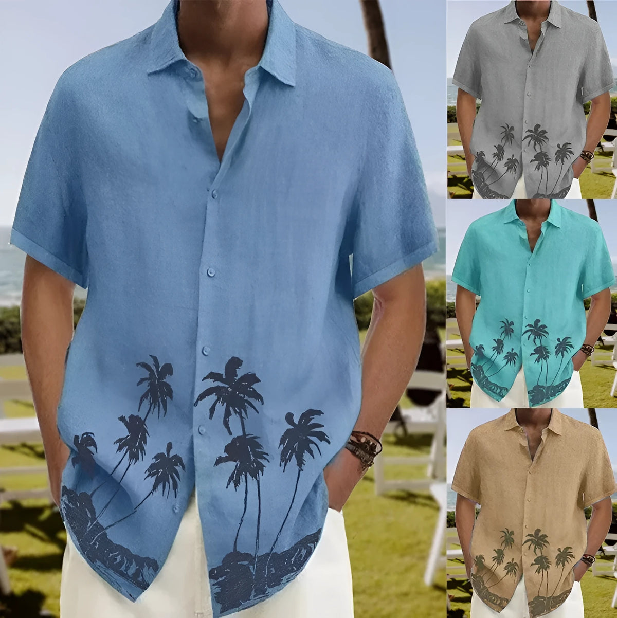 Men's cotton short sleeve shirt with stand collar and crease-resistant finish, shown in grey, green, sky blue or camel