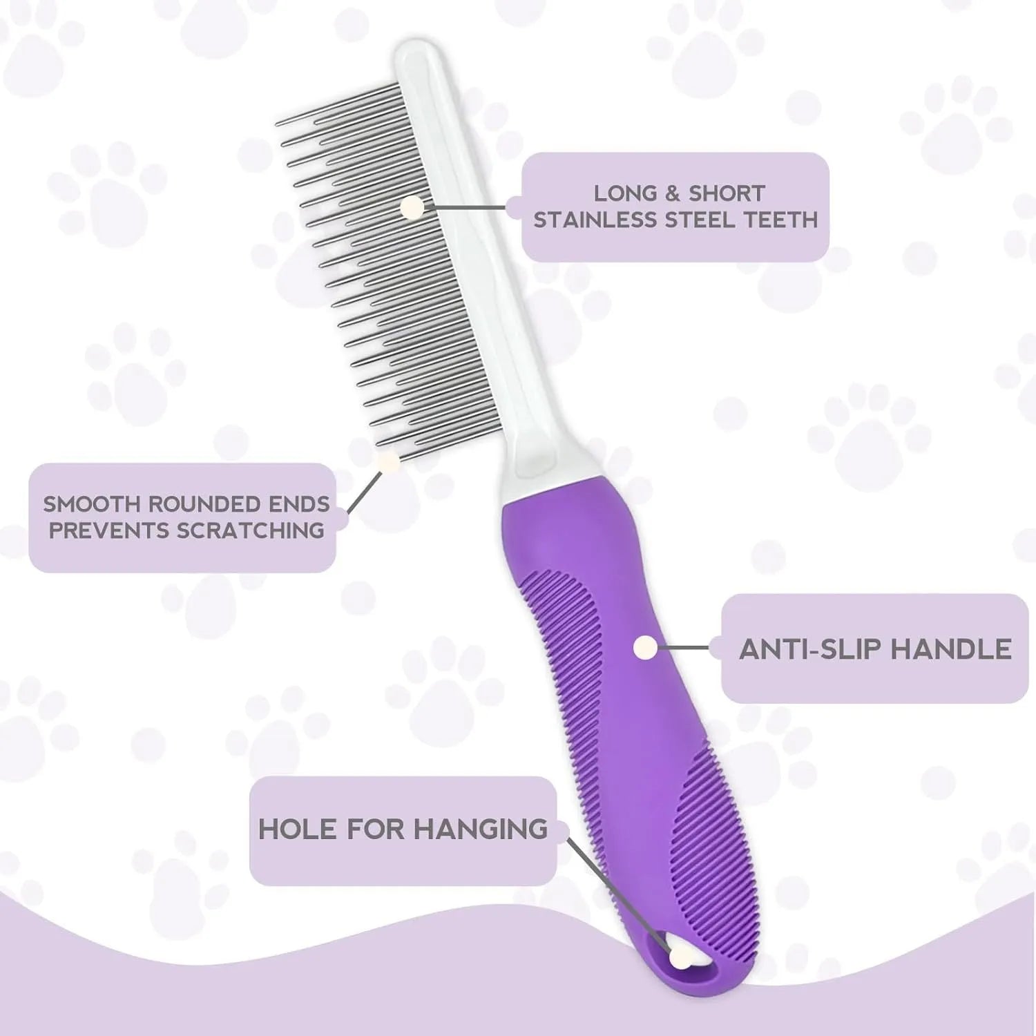Purple pet detangling comb with stainless steel teeth for dogs and cats on white background