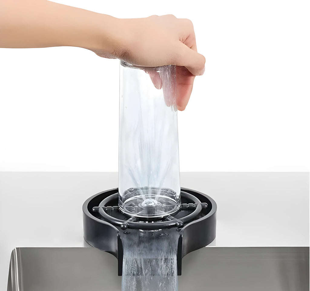 Stainless steel automatic glass washer with black ABS base and copper hose connection
