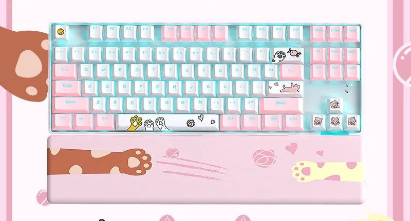 87 key RGB mechanical keyboard with green axis switches, metal panel, two-color key caps, USB cable and optional cotton hand rest
