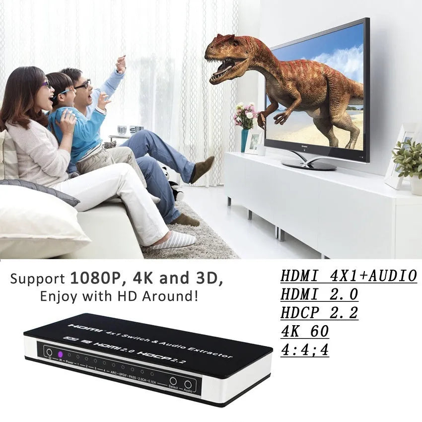 Black HDMI audio switch with 4 input ports and 1 output port, remote control and power adapter