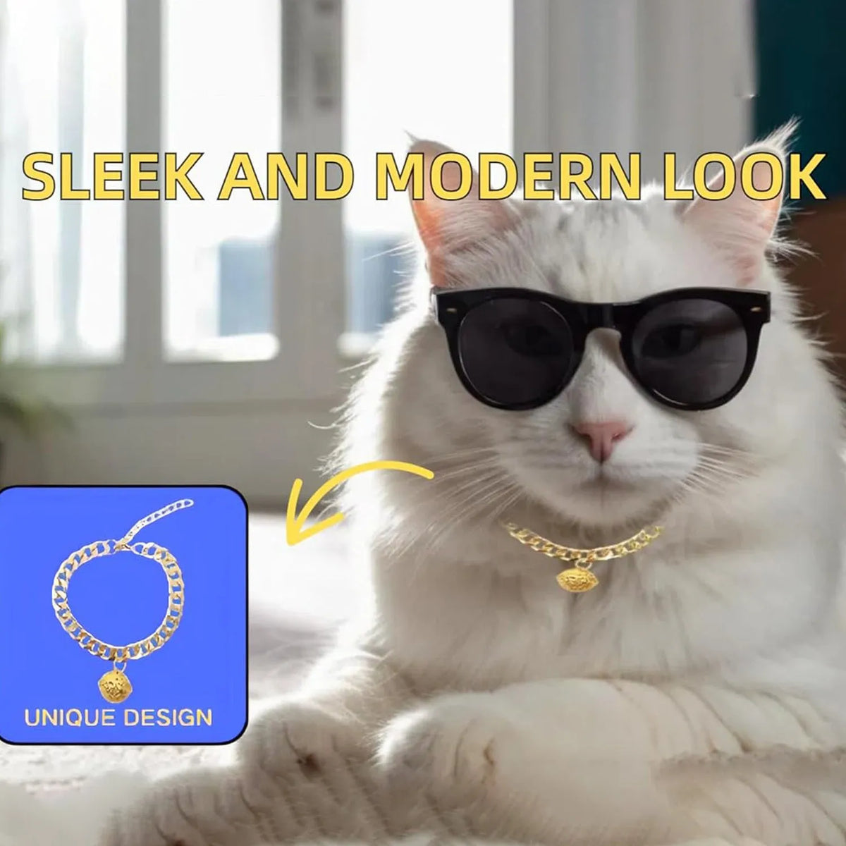 Gold aluminium chain cat collar with bell, 1.3cm wide, adjustable extension chain, S to XL sizes