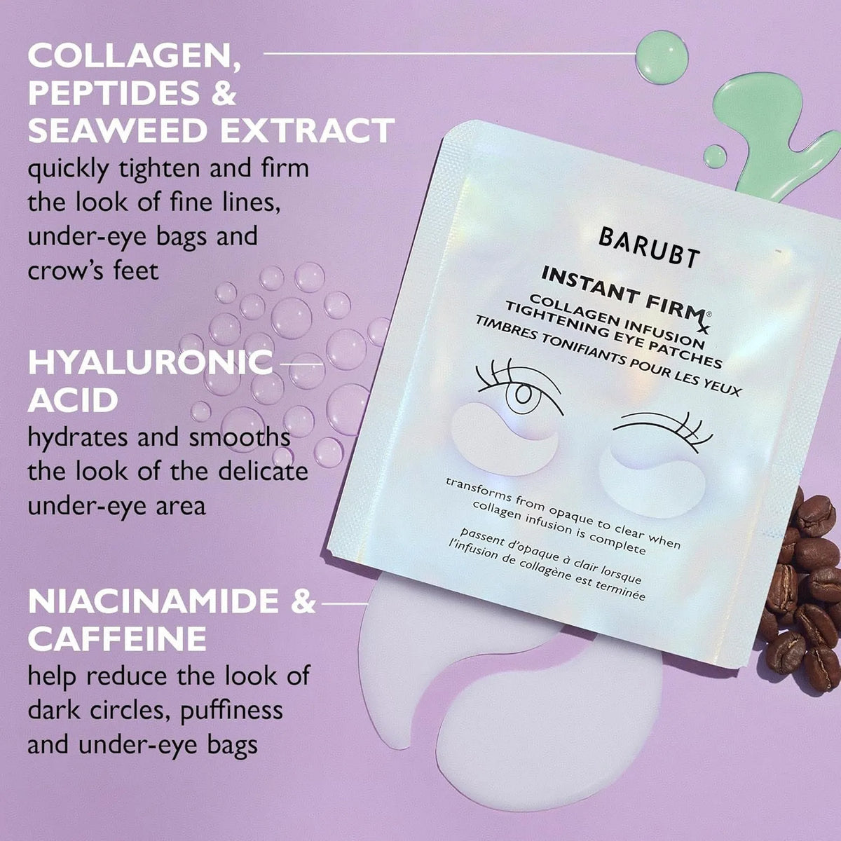 White collagen firming eye mask pad, 9 x 11.6cm, with compact 9.3 x 3.5 x 12.3cm pack