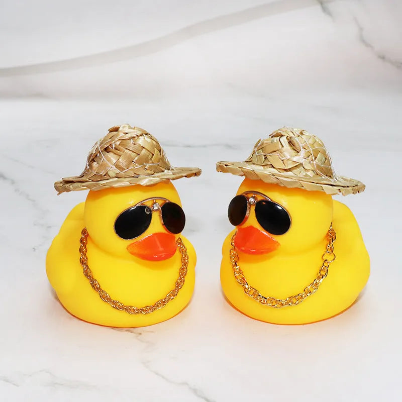 Cartoon straw hat yellow duck car decoration ornament with matte finish and sunglasses necklace