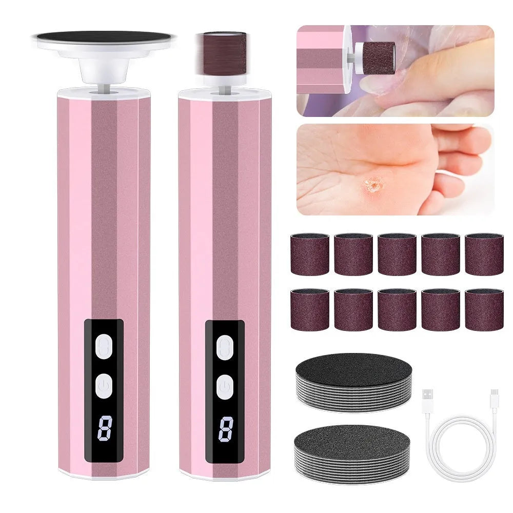 USB-powered sole nail trimmer and callus remover device in pink, black, or purple with grinding wheel accessories.