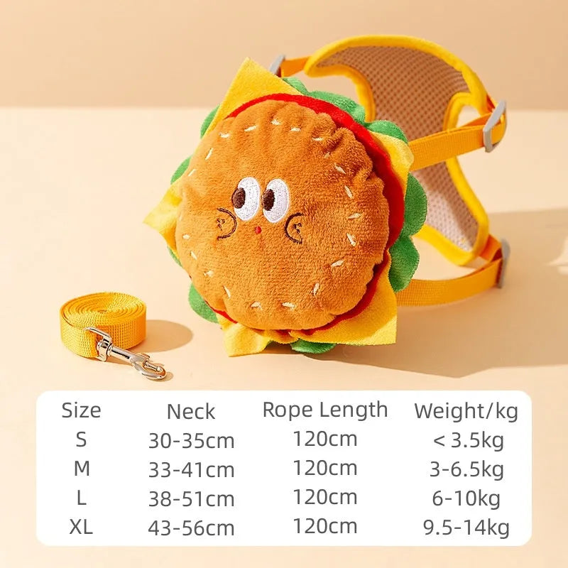 Cartoon hamburger chips design adjustable pet walking vest with escape proof construction