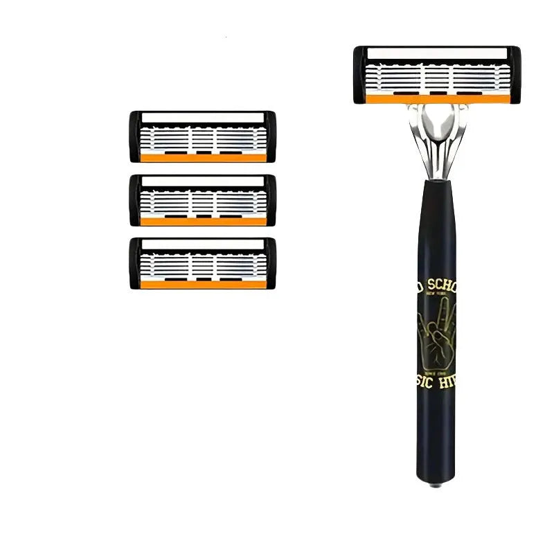 Black manual shaver handle with six-layer cutter head and various blade refill packs