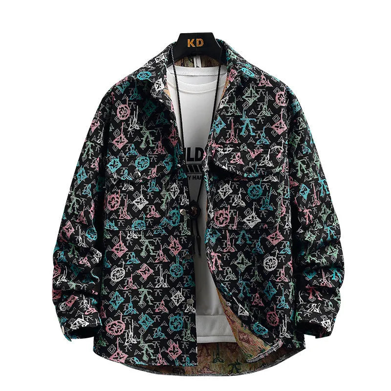 Casual lapel shirt coat in a light colour with long sleeves and straight hem, shown on a hanger.