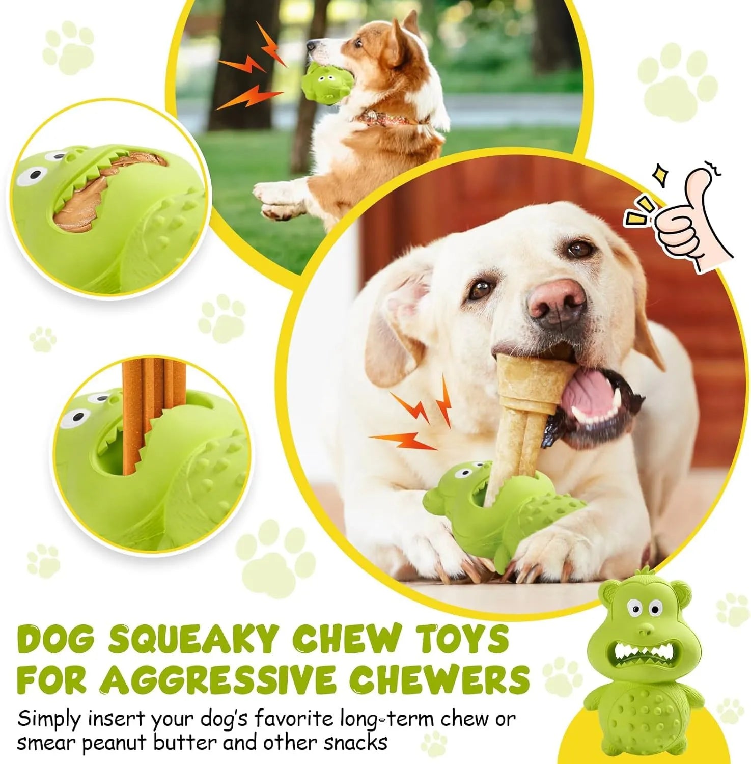 Green natural rubber dog toy for aggressive chewers with squeaker and fillable centre