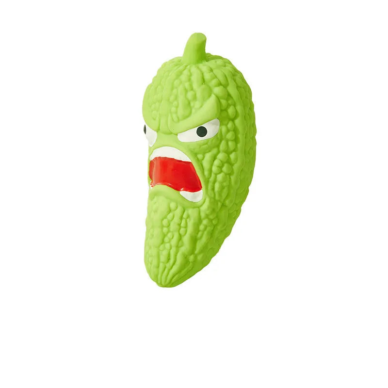 Bitter melon and chili shaped dog toys with textured surfaces for dental cleaning
