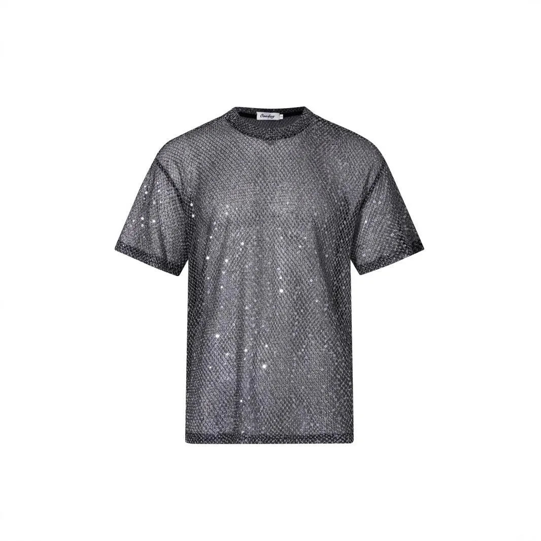 Boys see-through mesh short-sleeved T-shirt with plaid pattern and slim fit, sizes M L XL