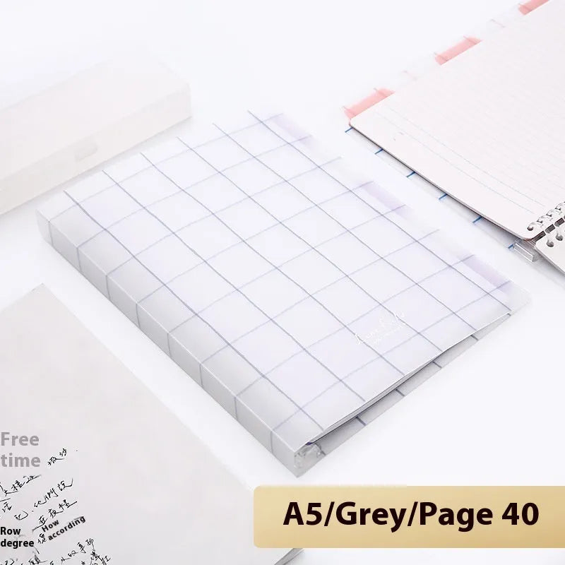 Refillable A5 and B5 spiral notebook with PP cover, shown in pastel cookie blue and plaid impression designs with loose-leaf paper.