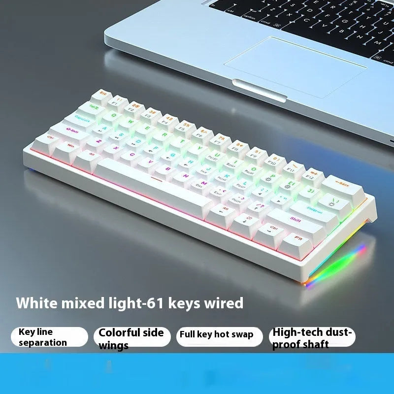 Bluish black 61-key compact mechanical keyboard with hot-swappable sockets and coloured keycaps.