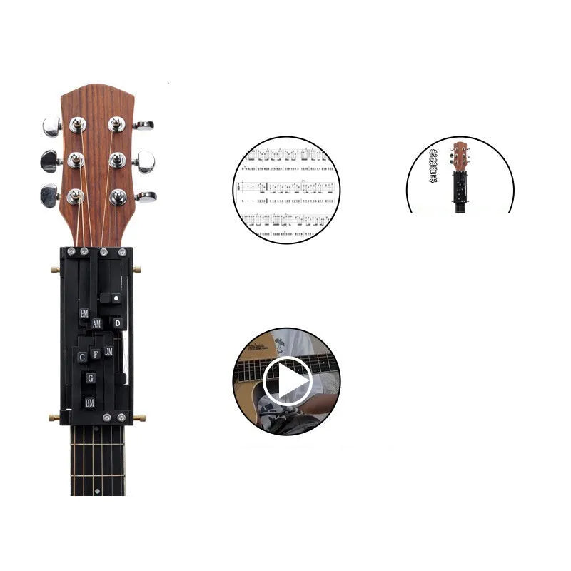Black automatic guitar chord capo device on guitar neck for beginner practice