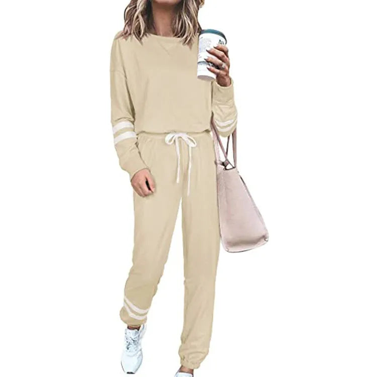 Women's plus size casual suit set with long sleeve top and trousers in cotton blend polyester fabric