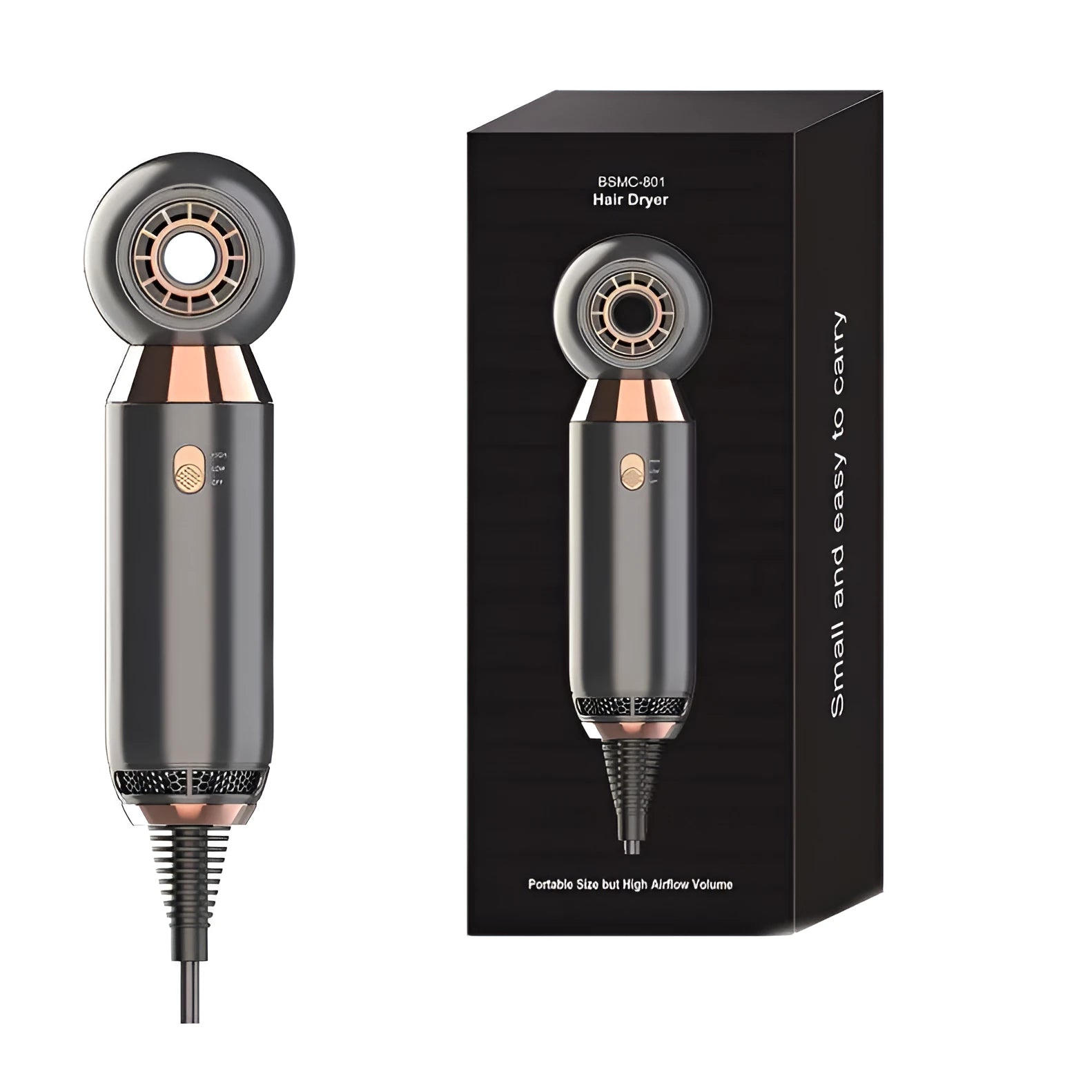 White hair dryer with diffuser attachment showing compact 20cm design and control buttons