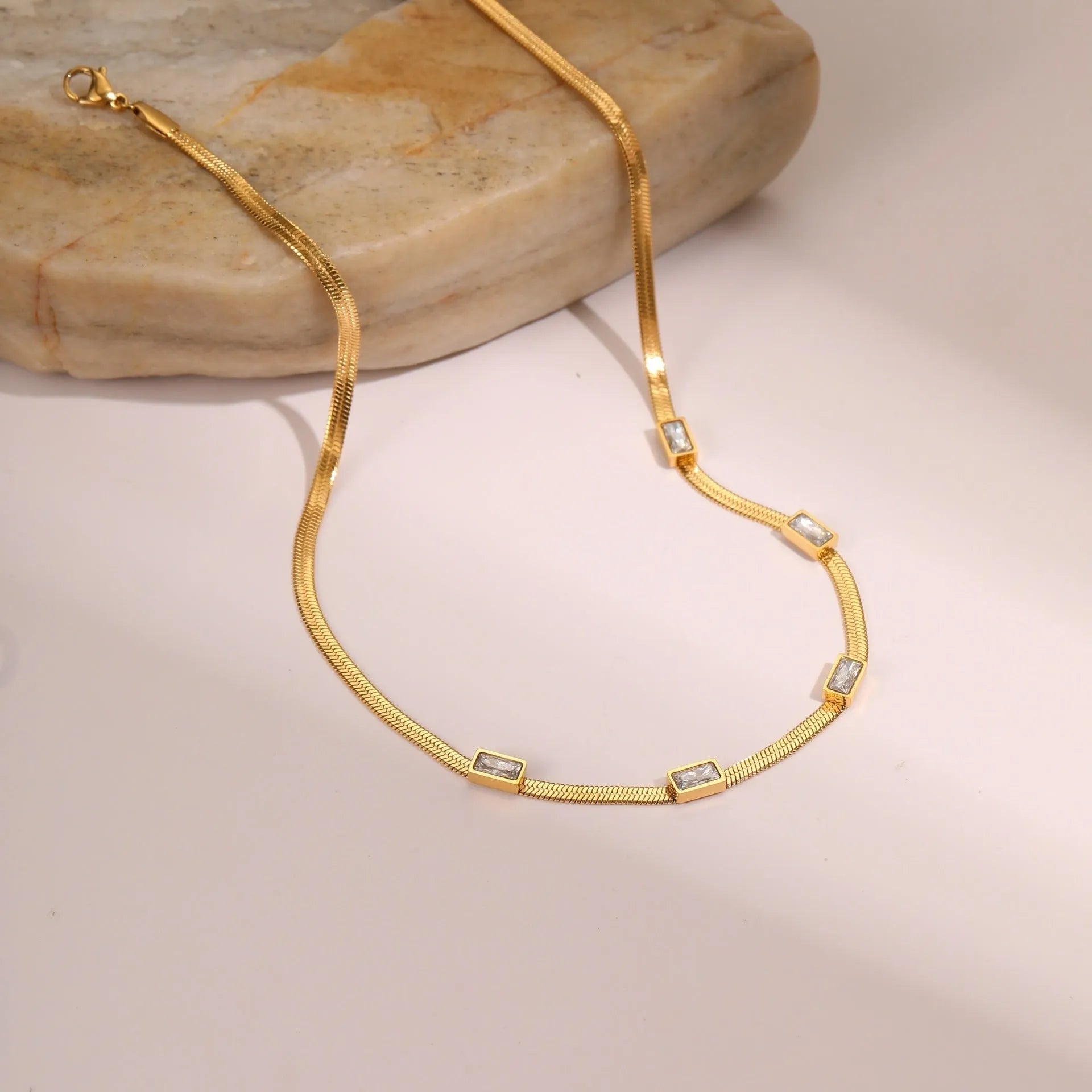 Retro geometric square zircon necklace on stainless steel chain with gold plating