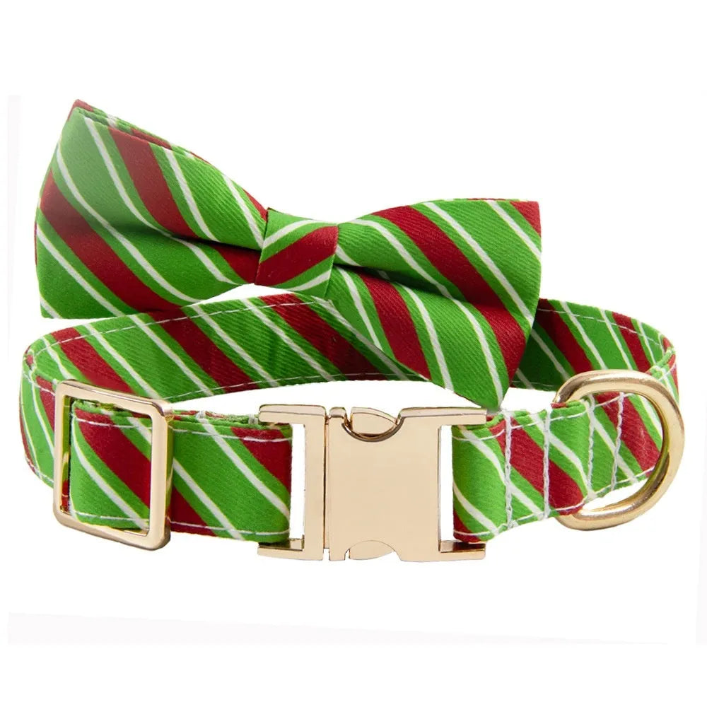 Striped polyester dog collar in Candy Green with matching bow knot, anti-lost buckle, adjustable XS size