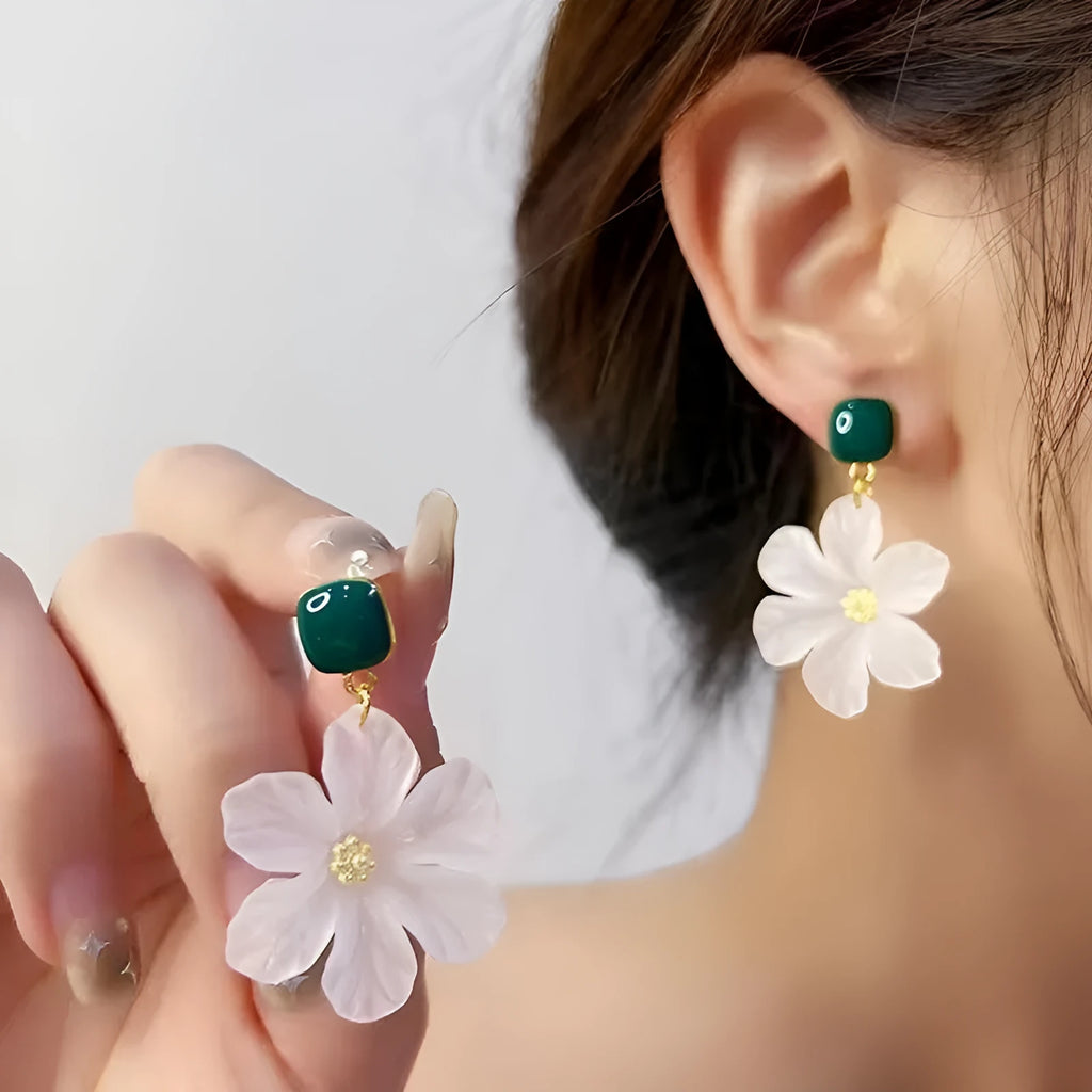 Dark green floral design alloy drop earrings for women with earwire fastening