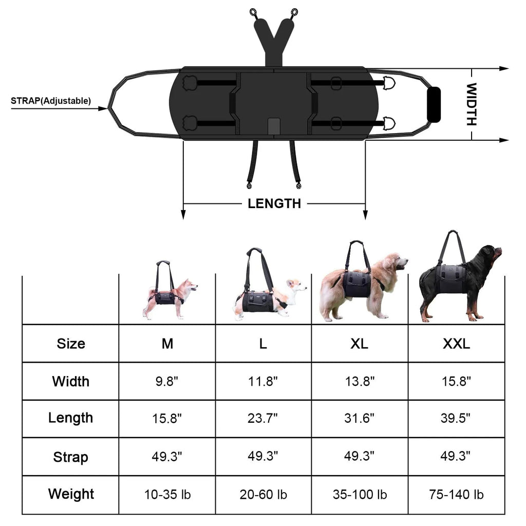 Black Oxford cloth dog support harness for rehabilitation and controlled walking, showing breast strap design.