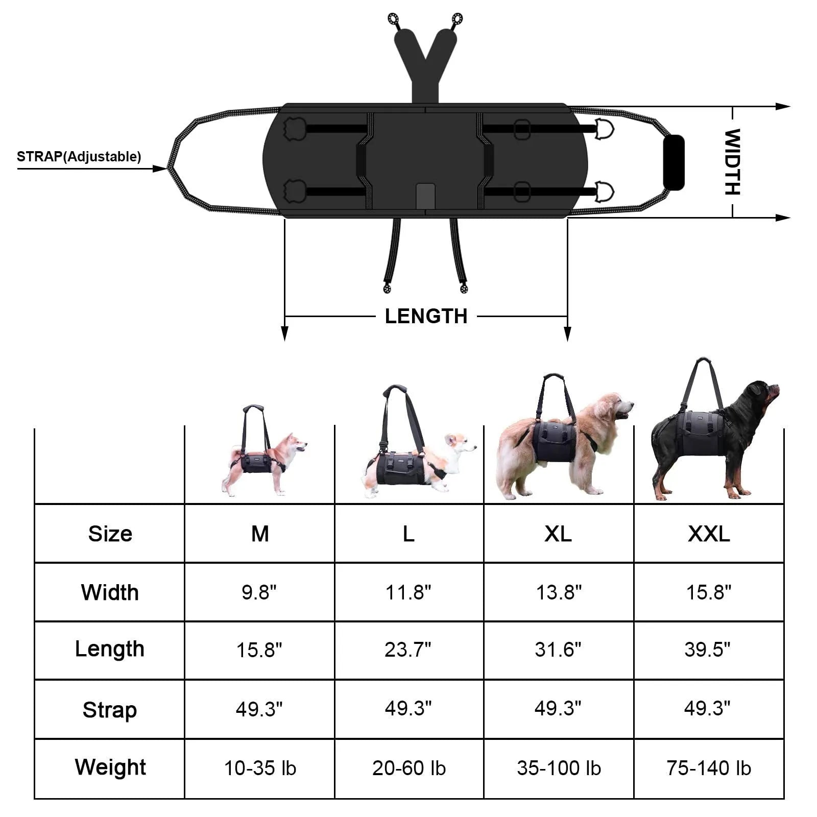 Black Oxford cloth dog support harness for rehabilitation and controlled walking, showing breast strap design.