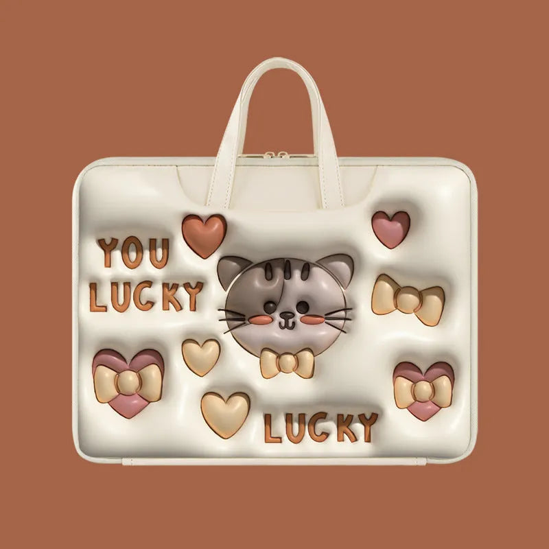 PU leather inflatable laptop bag with strap, shown in a cute character design.