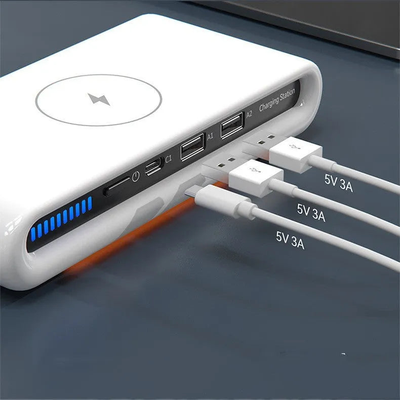White desktop wireless charger with 15W fast charging and 8-colour atmosphere lamp functions