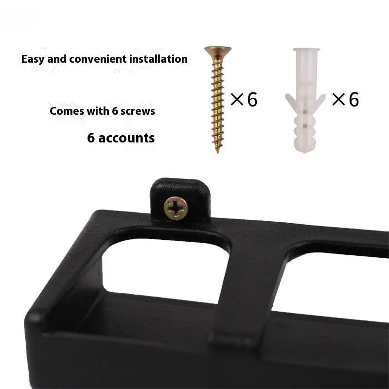 Black ABS plastic wall-mounted fishing rod holder in horizontal and upright mounting styles