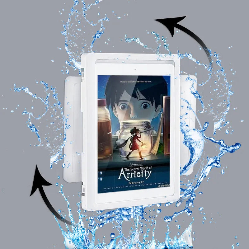 Waterproof bathroom phone case with touch screen mounted on tile, showing anti-fog window and universal phone fit
