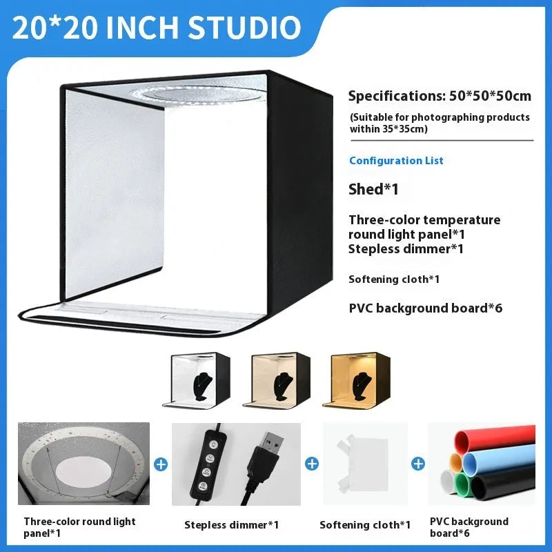50cm studio light box with metal frame and three-colour LED lighting for product photography
