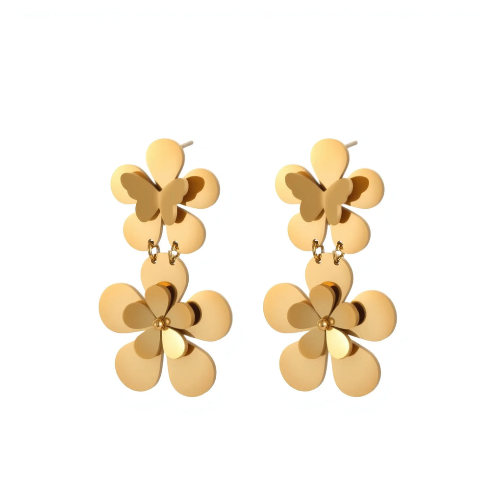 Women's stainless steel earrings with flower butterfly design in electroplated 18K gold colour