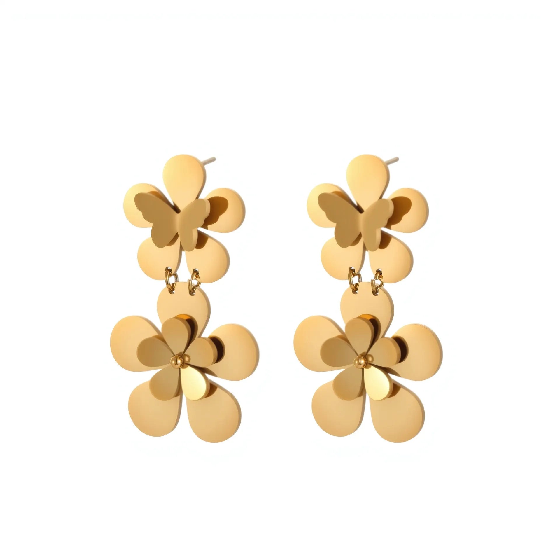 Women's stainless steel earrings with flower butterfly design in electroplated 18K gold colour