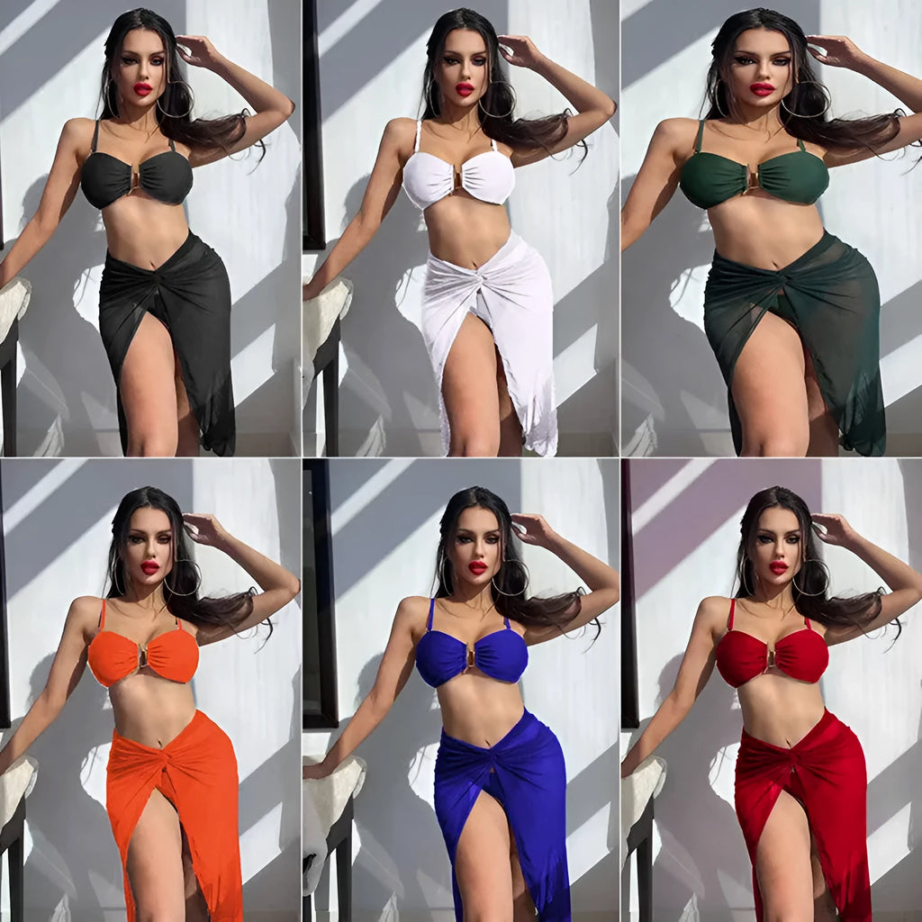 Multicolour French style bikini three-piece set with long culottes skirt