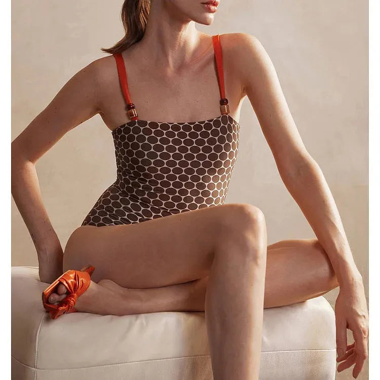Women's printed dots pattern one-piece swimsuit with a matching wrap skirt set