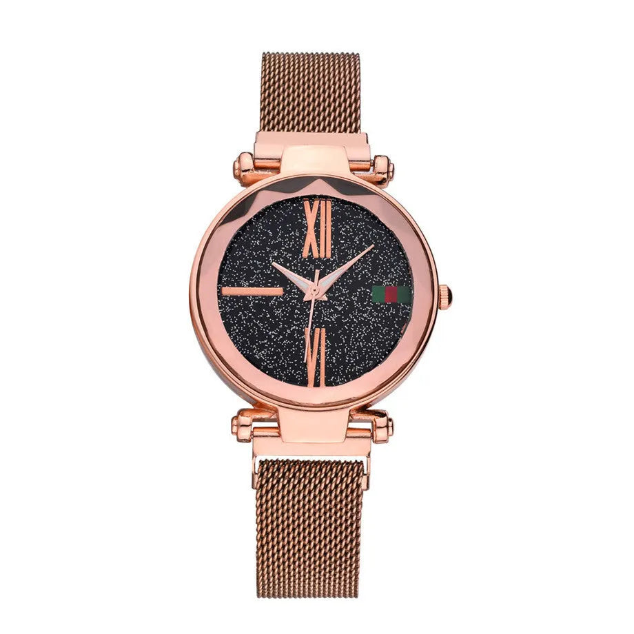 Ladies watch with stainless steel band, magnet clasp, and round 32mm dial in six colour options