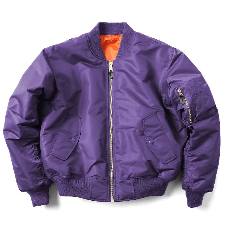 Men's army green cotton-padded pilot jacket with a loose fit and zipper front.