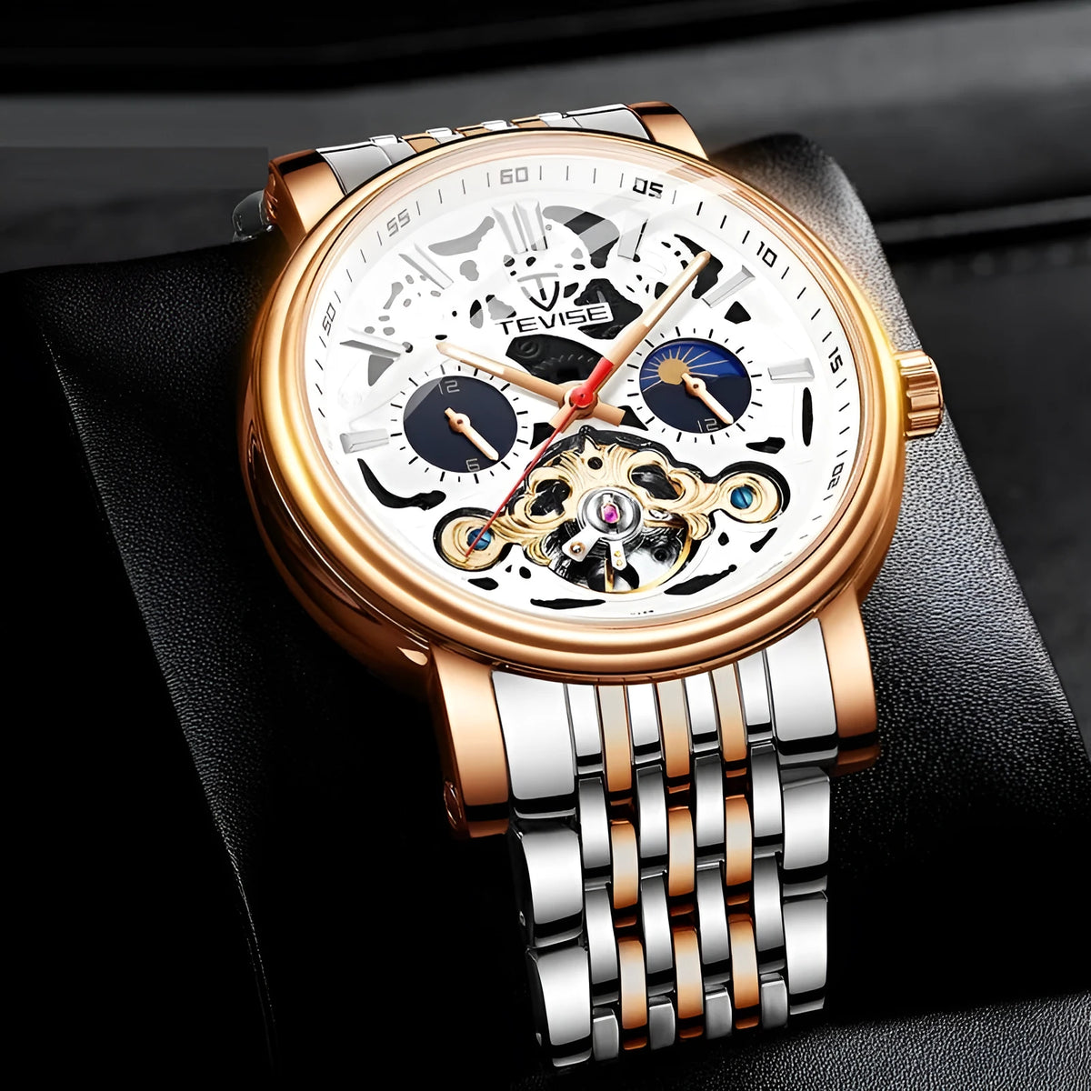 Men's tourbillon mechanical watch with luminous hands showing rose black metal variant