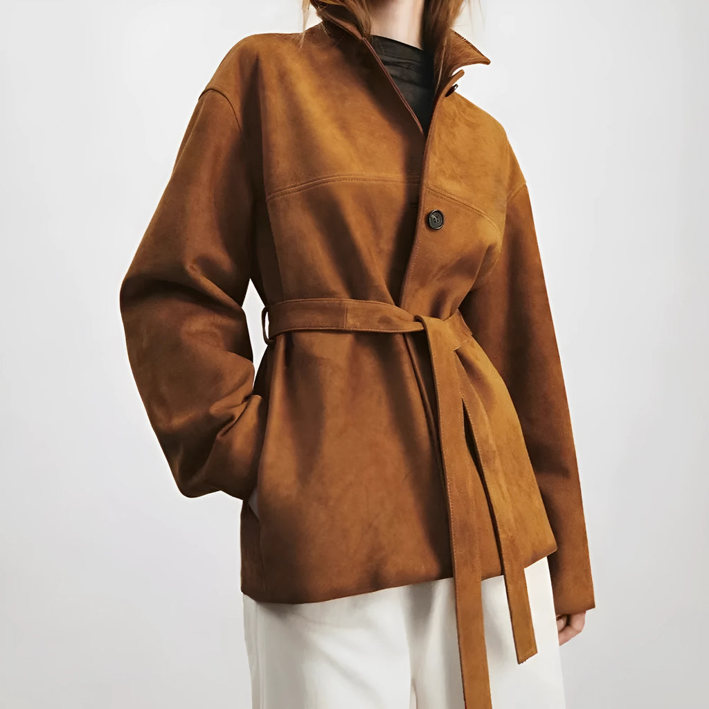 French retro mid-length cashmere coat with peter pan collar and belt in caramel brown colour