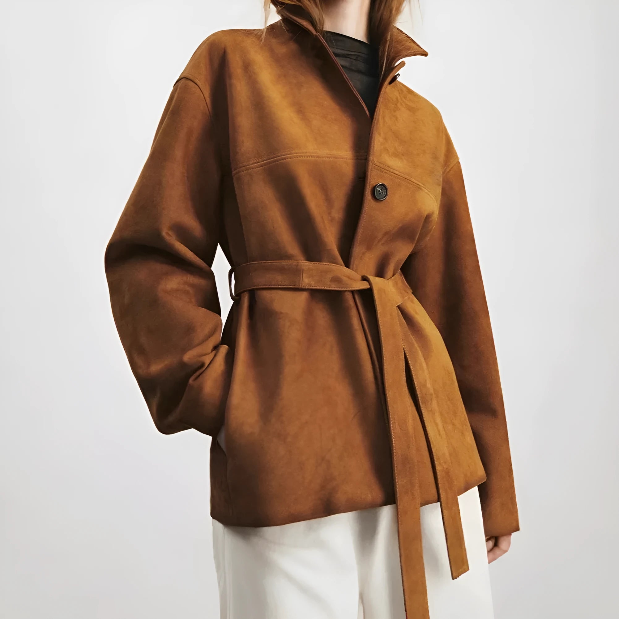 French retro mid-length cashmere coat with peter pan collar and belt in caramel brown colour