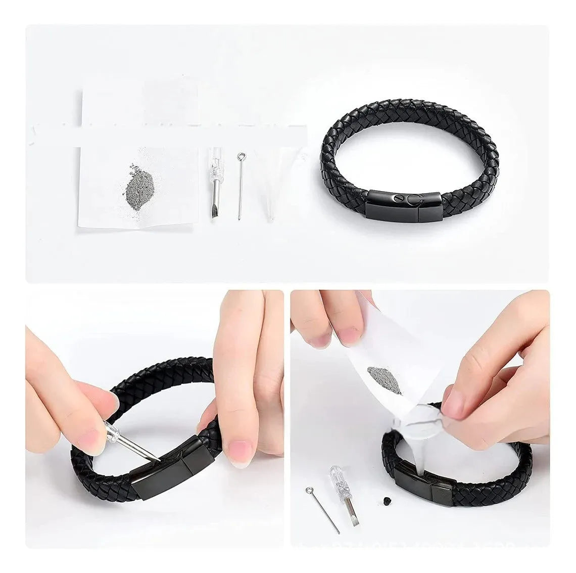 Black leather and stainless steel woven memorial bracelet with personalised lettering