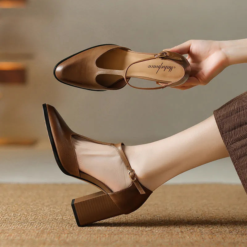 Baotou hollow retro pointed toe Mary Jane shoes in dark brown with buckle fastening