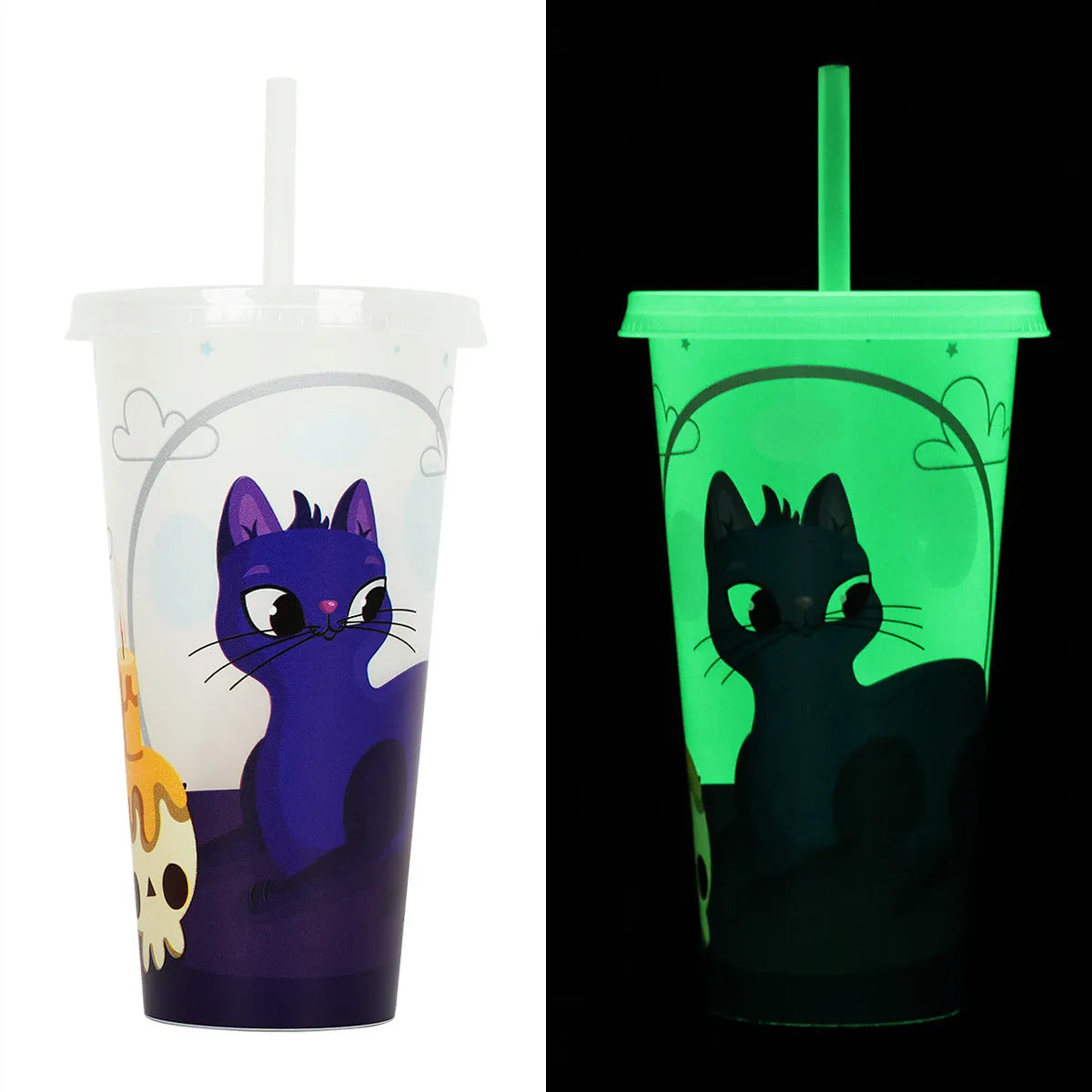 720ml Halloween plastic sippy cup with luminous straw showing cylindrical shape and six colour options